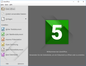 Startbildschirm von LibreOffice 5.0.3 unter Windows 10